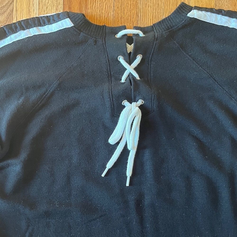 Monrow Black Lace-up Back Sweater with White Stripes down Arms - Picture 6 of 7